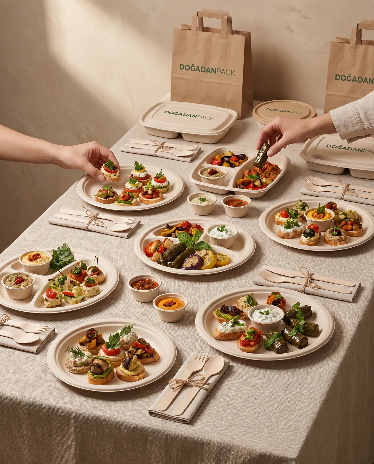 Catering sofrasında DoğadanPack tabak ve tabldotlarla sunum